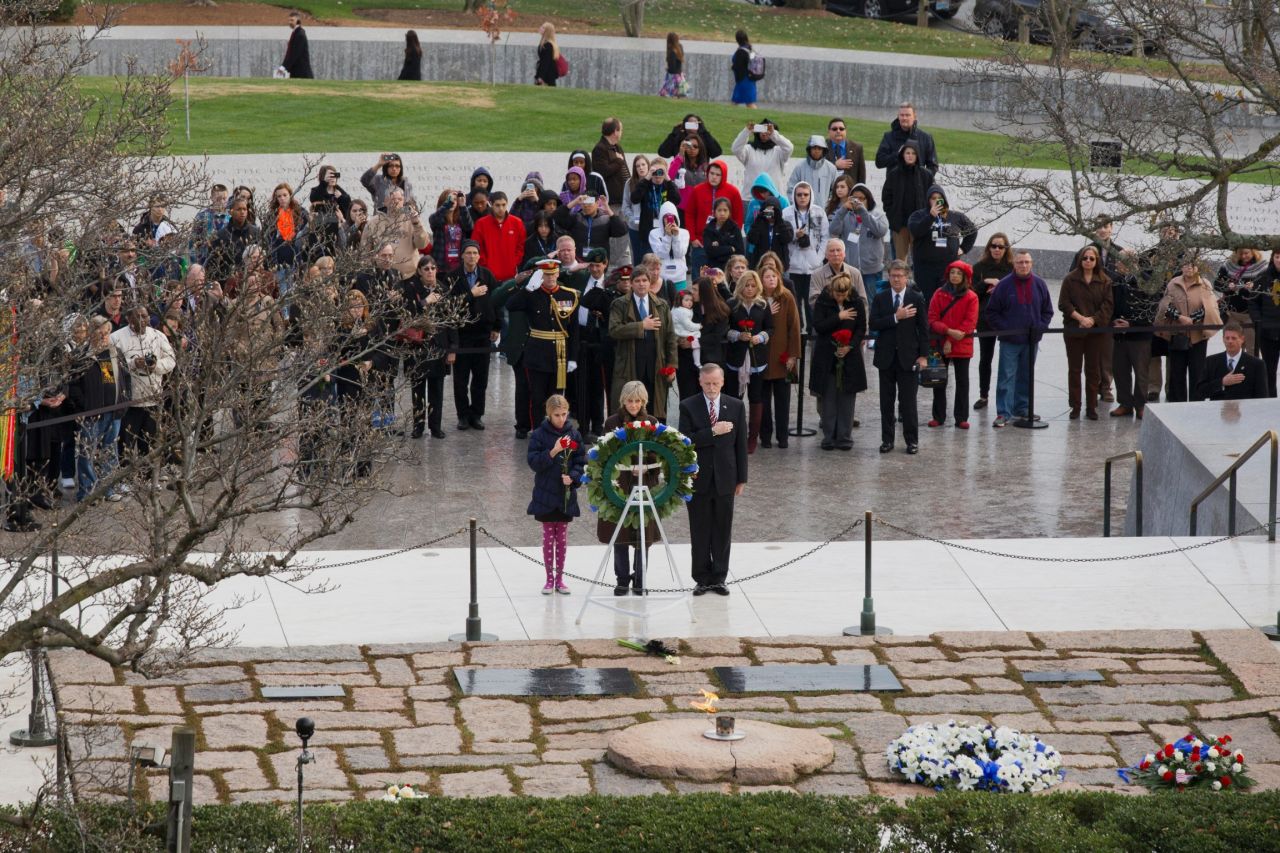 Jean Kennedy Smith, one of JFK's sisters, lays a wreath at his grave site November 22 at Arlington National Cemetery.