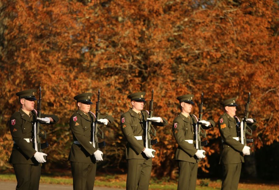 Army cadets attend a wreath-laying ceremony for Kennedy at the JFK Memorial Park and Arboretum in New Ross, Ireland, on November 22.