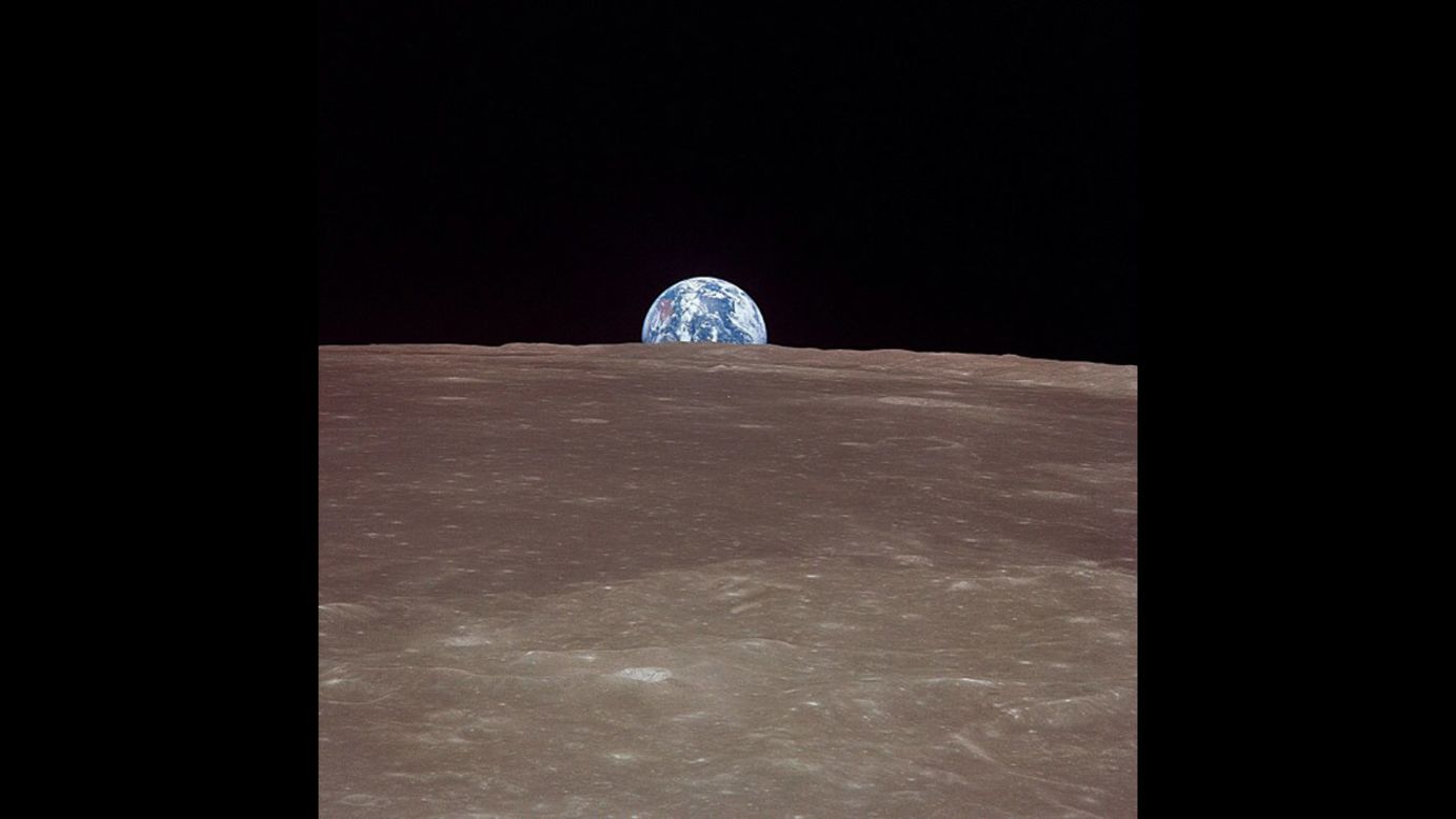 A historic image of Earth from the moon, taken on July 20, 1969, from Apollo 11. 
