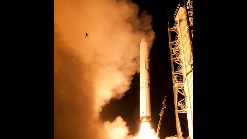 There it goes! A still camera on a sound trigger captured this intriguing photo of an airborne frog in the foreground as NASA's  Lunar Atmosphere and Dust Environment Explorer spacecraft lifts off toward the moon. This <a href="index.php?page=&url=http%3A%2F%2Fwww.cnn.com%2F2013%2F09%2F12%2Ftech%2Finnovation%2Ffrog-and-rocket%2F">foreground photobomber stole the show</a>, earning this snap almost 25,000 likes.