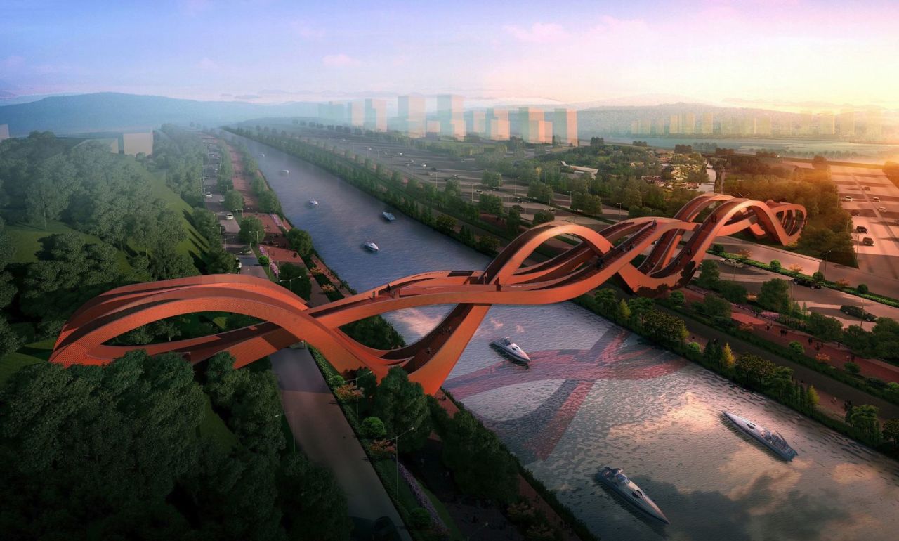 The pedestrian walkway across Meixi Lake in Changsha, China, is modeled after the Möbius strip, a never-ending form whose end connects to its beginning. The sinuous footbridge will have multiple pathways, and construction is expected to start in 2014.