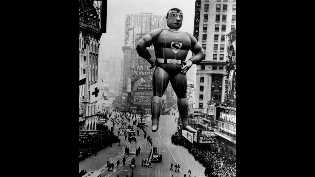 <strong>Superman (1939):</strong> "It's a bird! It's a plane!" No, its a typical joke that's associated with the Superman balloon that debuted in 1939. The Man of Rubber has graced the parade with three different versions of himself, also in 1966 and in 1980. The third version is the largest balloon ever to appear in the history of the parade (104 feet long).