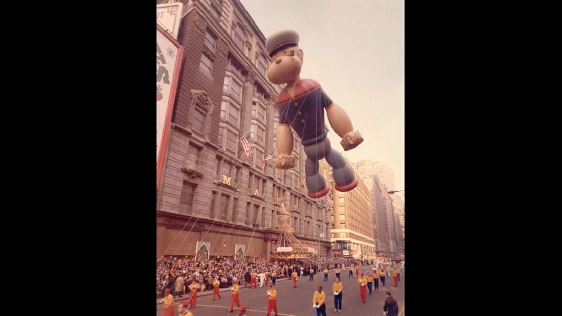 <strong>Popeye (1957):</strong> Popeye's debut was marked by rainy weather in 1957. The spinach-eating sailor was constructed with an indentation on the top of his hat. During the parade, the downpour filled his cap with gallons of water and caused him to veer over the crowd, where he dumped cold water all over the surprised spectators.