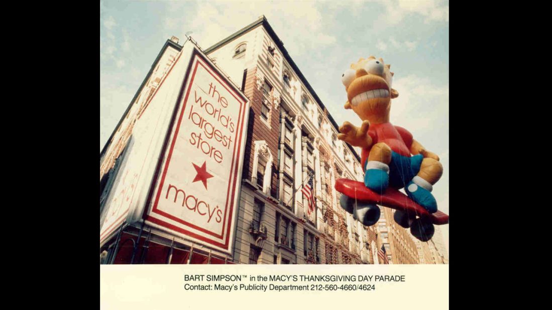 <strong>Bart Simpson (1990):</strong> "Cowabunga!" Bart Simpson skateboards down Broadway as he makes his parade debut. In 1993, Bart split his seams due to extremely windy conditions.