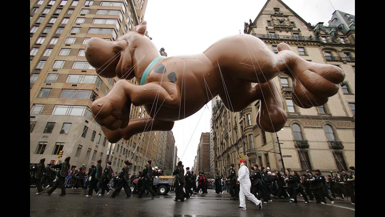 <strong>Scooby Doo (2005):</strong> The Scooby Doo balloon hangs over Central Park West as it is pulled through the parade in 2005.