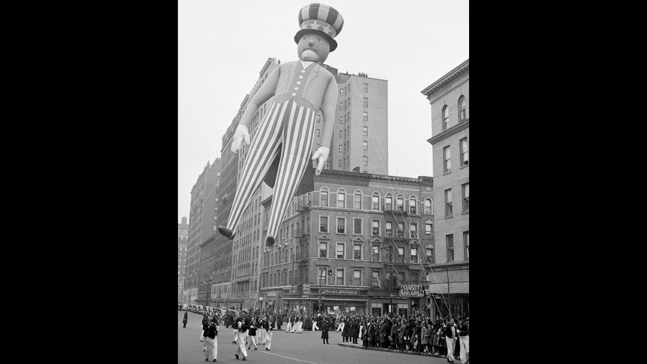 <strong>Uncle Sam (1940):</strong> Two years after this, Macy's brought the parade to a halt for the first time. World War II had started, and because of rubber and helium shortages, balloons were deflated and donated to the government. The parade came back in 1945 with a record-breaking 2 million spectators lining the streets.