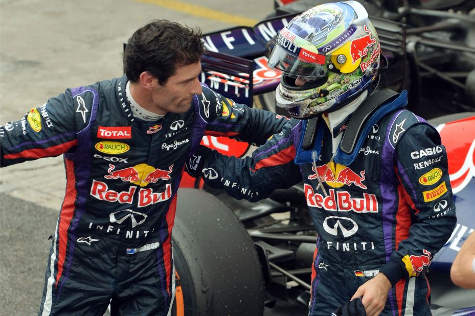 Vettel and Webber embrace after their one-two in the Brazilian Grand Prix to round off the 2013 season.