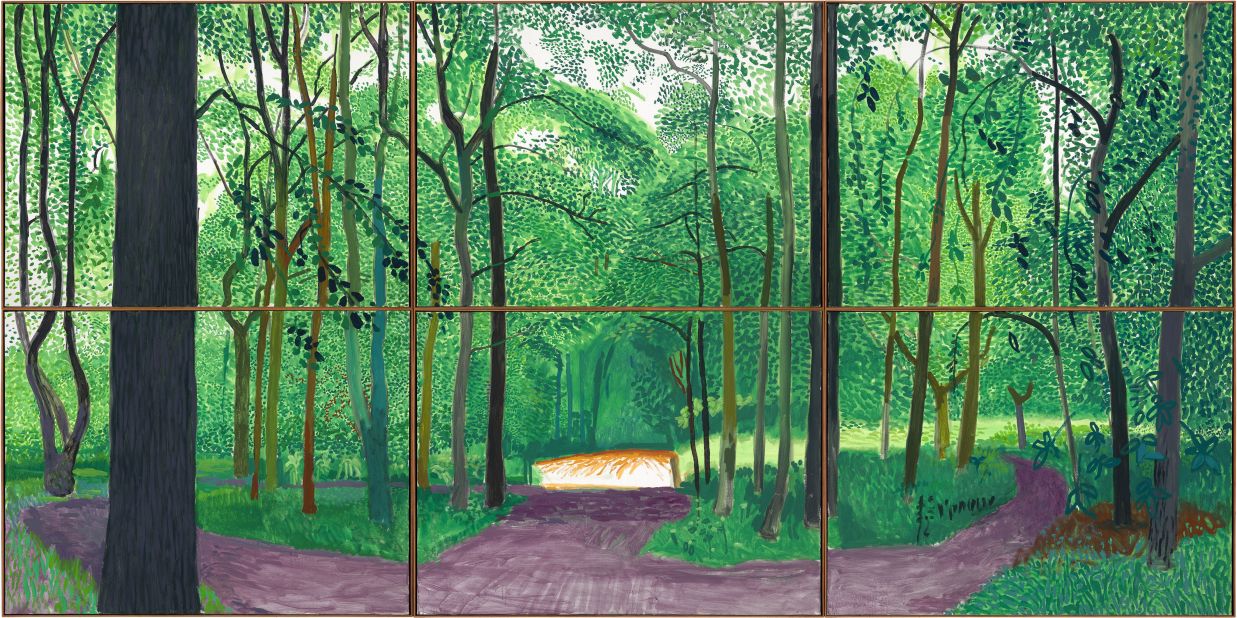 Hockney features Woldgate Woods, the forested area surrounding his Bridlington, England home, not only in oil, as it's seen here, but also in iPad drawings, charcoal, watercolor, and multi-perspective cubist movies. 