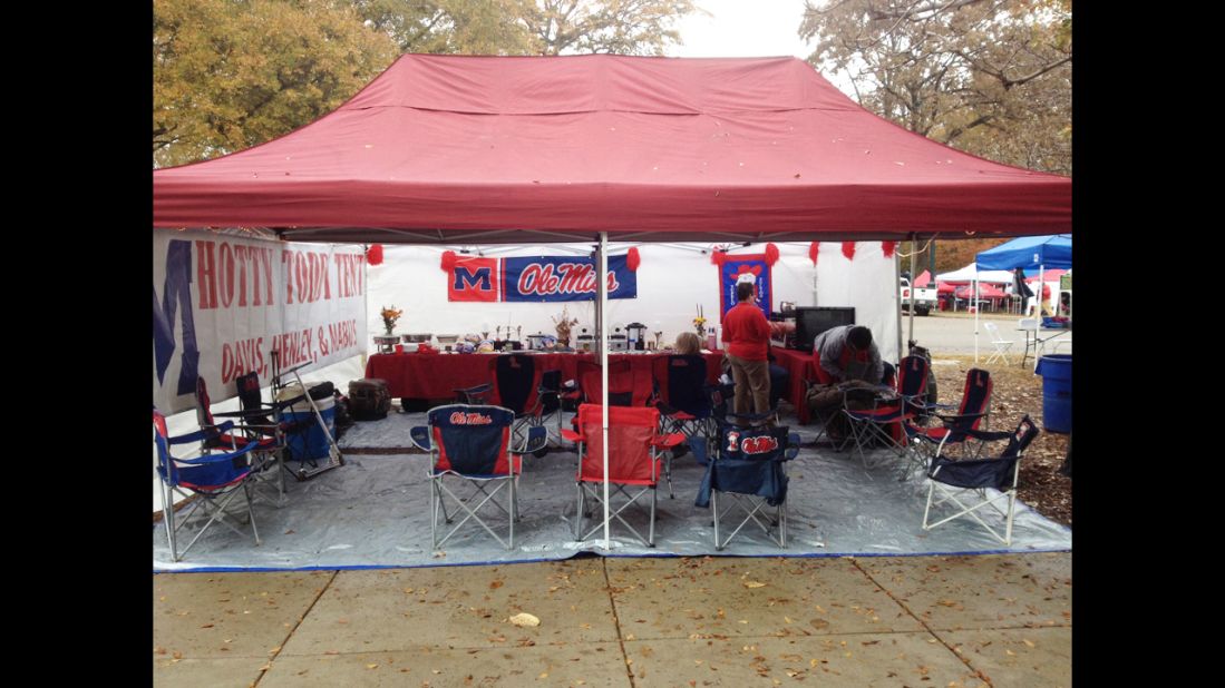Keith Henley's "Hotty Toddy" tailgate setup in the Grove on the University of Mississippi campus in Oxford.