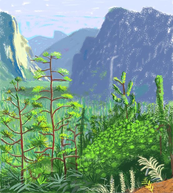 A detail of Yosemite I. Hockney's famously bright aesthetic translates well to the iPad, which allows him to match colors and tones faster than ever before.