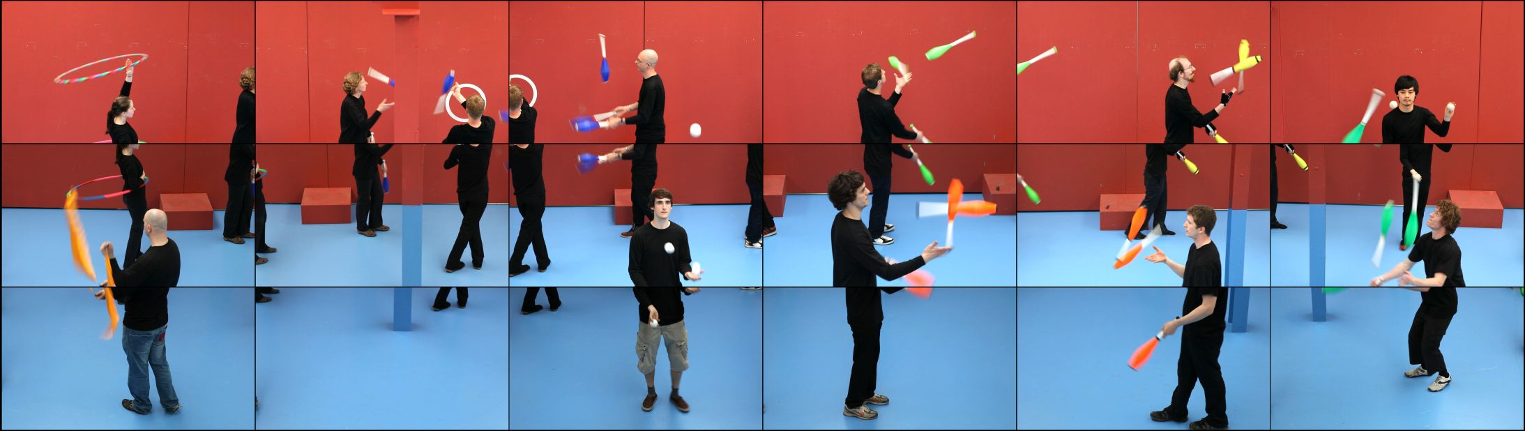 Detail of The Jugglers. The work was created using 18 digital video cameras, and is played back in the gallery on 18 different screens. The variations in perspective lend the work an almost cubist feel.
