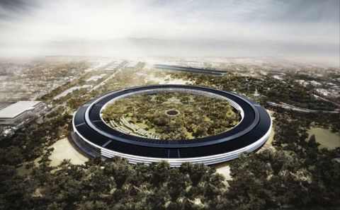 The design for Apple's new headquarters looks more suited to the set of "Star Wars' than Cupertino, California. The round structure has been compared to a space ship and the tree-filled central green space is the size of a small forest. Let's hope GPS systems are included in employee benefits.
