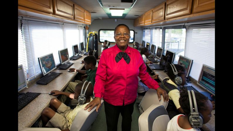 The custom-designed bus is outfitted with 17 computer stations that are connected to high-speed Internet via satellite.