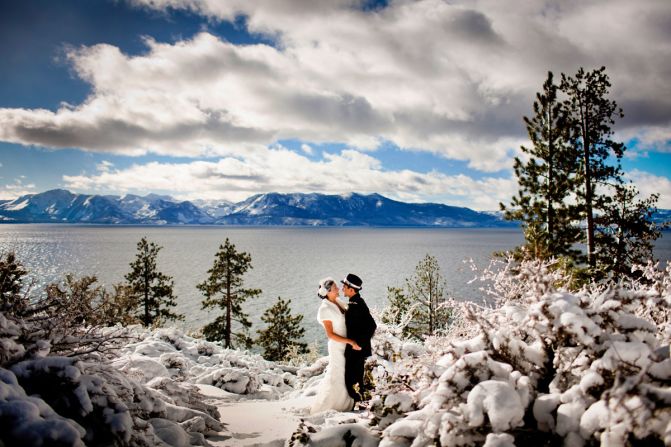 Stunning backdrops, expensive gowns, strung-out couples on the most important day of their lives ... how much drama can be packed into a single photo? We asked well known destination wedding photographers for their most striking work. For a winter wedding at Lake Tahoe, guests bundled up in down jackets and boots and huddled in the snow. Photographer Aaron Morris of Chrisman Studios says the main challenge, aside from frozen hands, was maneuvering in the snow. "When I would take a step, my leg would sink knee-deep into the snow," he says.