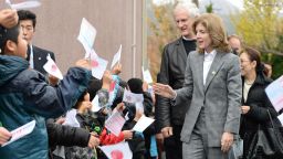 New US ambassador to Japan Caroline Kennedy visits a school in a tsunami-hit area during her tour last month.
