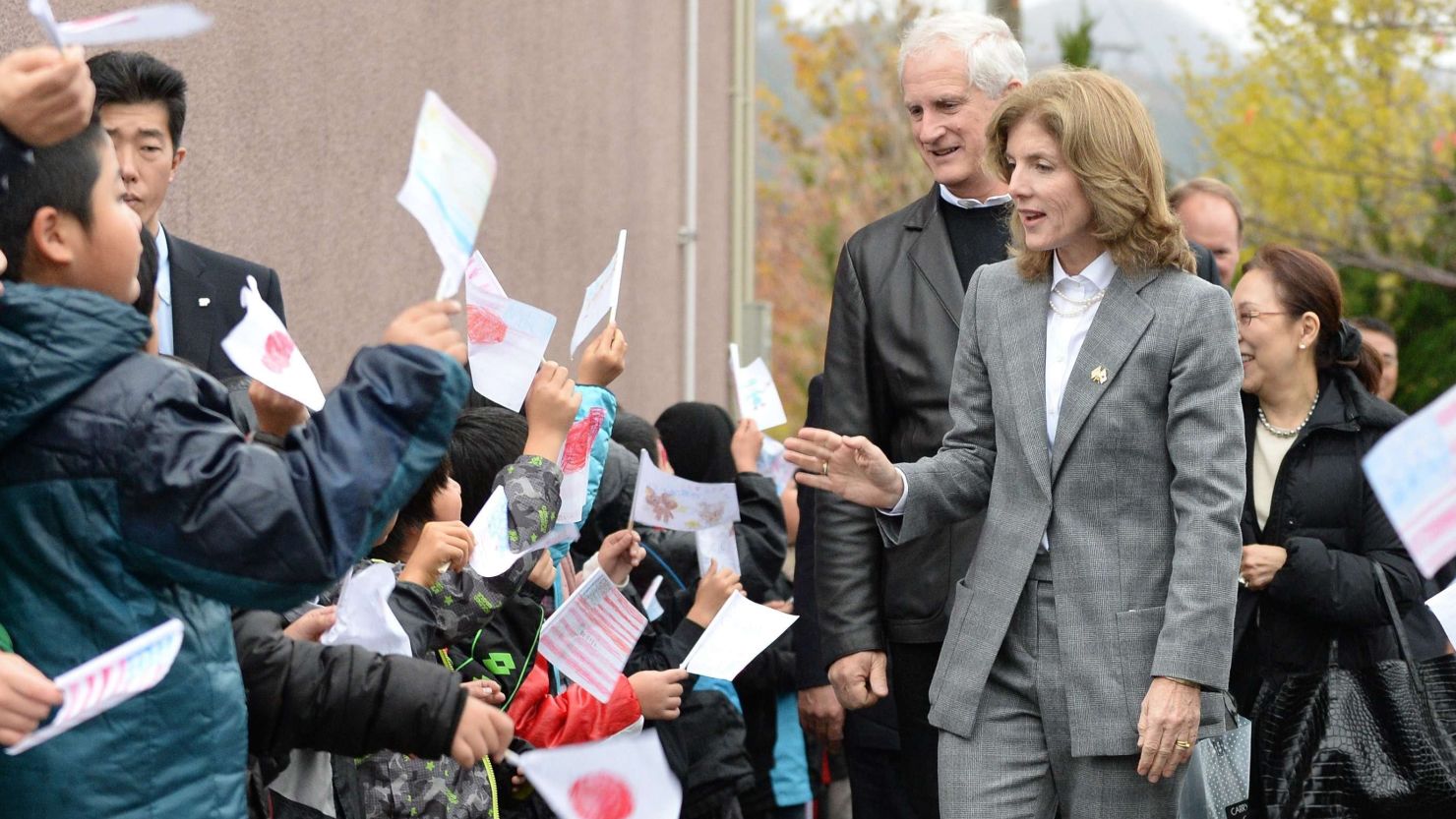 New U.S. ambassador to Japan, Caroline Kennedy, visits a school in a tsunami-hit area last month. 
