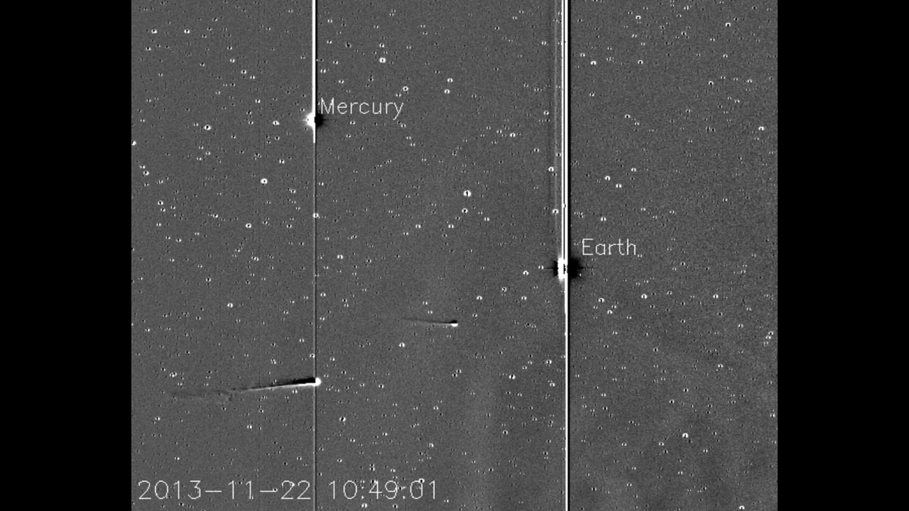 Comet ISON, with Comet Encke ahead, is pictured along with Mercury and Earth in this image taken by NASA's solar-observing STEREO spacecraft on Friday, November 22.