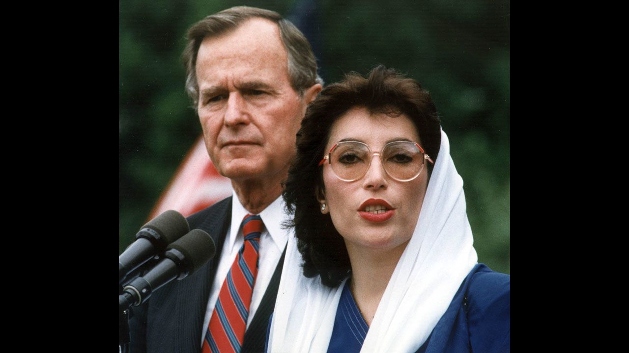 After winning the election, Prime Minister Bhutto meets with President Bush at the White House in June 1989 in Washington.
