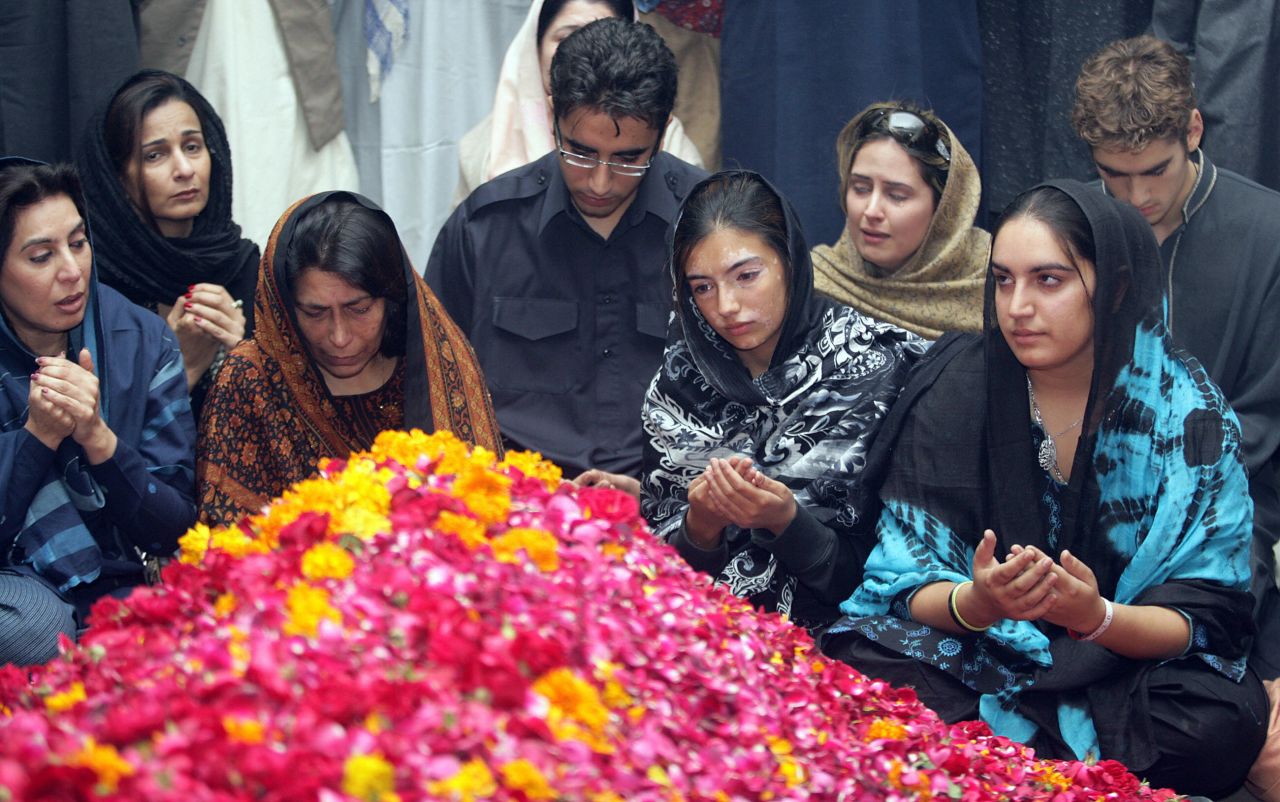 Bhutto's family attends her funeral on December 29, 2007 in the village of Ghari Khuda Baksh, including her son Bilawali, and daughters Asifa and Bakhtawar.
