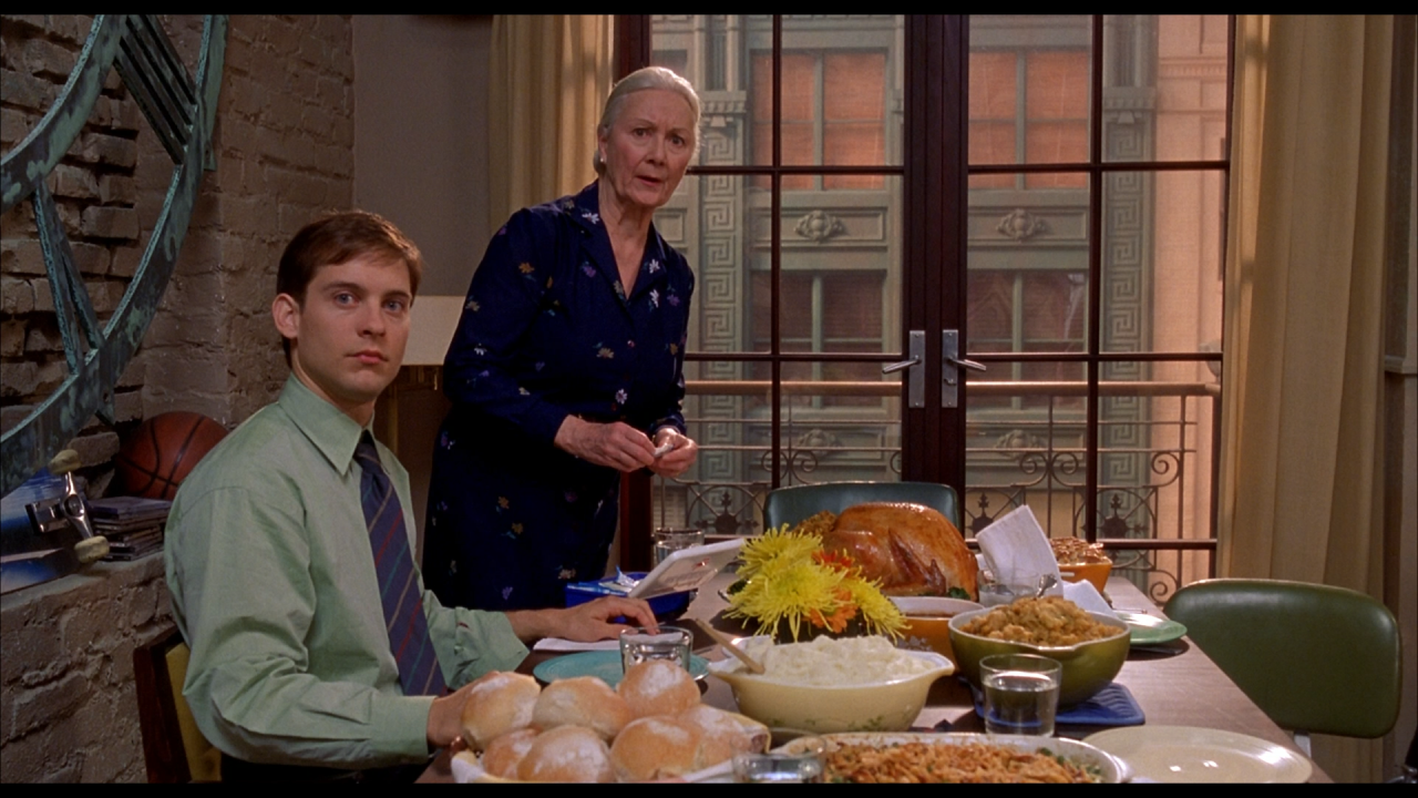 In "Spider-Man," it's at the Thanksgiving dinner that the psychotic Norman Osborn (Willem Dafoe) realizes that his friend Peter Parker (Tobey Maguire) is Spidey. Norman, whose secret identity is the Green Goblin, later seeks revenge on Spider-Man and his family. Although the dinner itself is fine, it's the revelations there that put Parker's family at great risk.