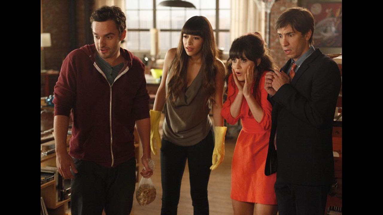 In first Thanksgiving episode of "New Girl," Jess (played by Zooey Deschanel, second from right) invites her cruhh Paul (Justin Long, right) to the loft to spend the holiday with her roommates. Cooking mishaps follow, and a shocker. Also pictured are characters Nick Miller (Jake Johnson ) and Cece (Hannah Simone). 