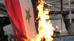 A rebel fighter burns a Syrian flag found in a building that belonged to Syrian government forces in the northern city of Aleppo on November 21, 2013. Fighting for a key military base outside Syria's main northern city of Aleppo killed at least 15 pro-government militiamen, the Syrian Observatory for Human Rights said.
