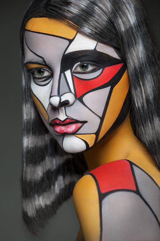 In Kutsan's eyes, makeup is a "form of theater" -- her models are actresses and they wear disguises to slip into a different character. She says she used the full range of makeup techniques at her disposal to emulate the style of other artists such as, in this case,   Piet Mondrian. 