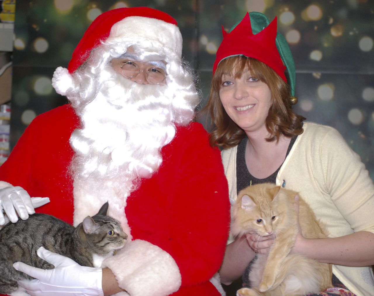 Carissa Rhea, a la derecha, posa con Santa y sus gatos Wall-E y Eva durante el evento de beneficencia para Furkids en 2010.