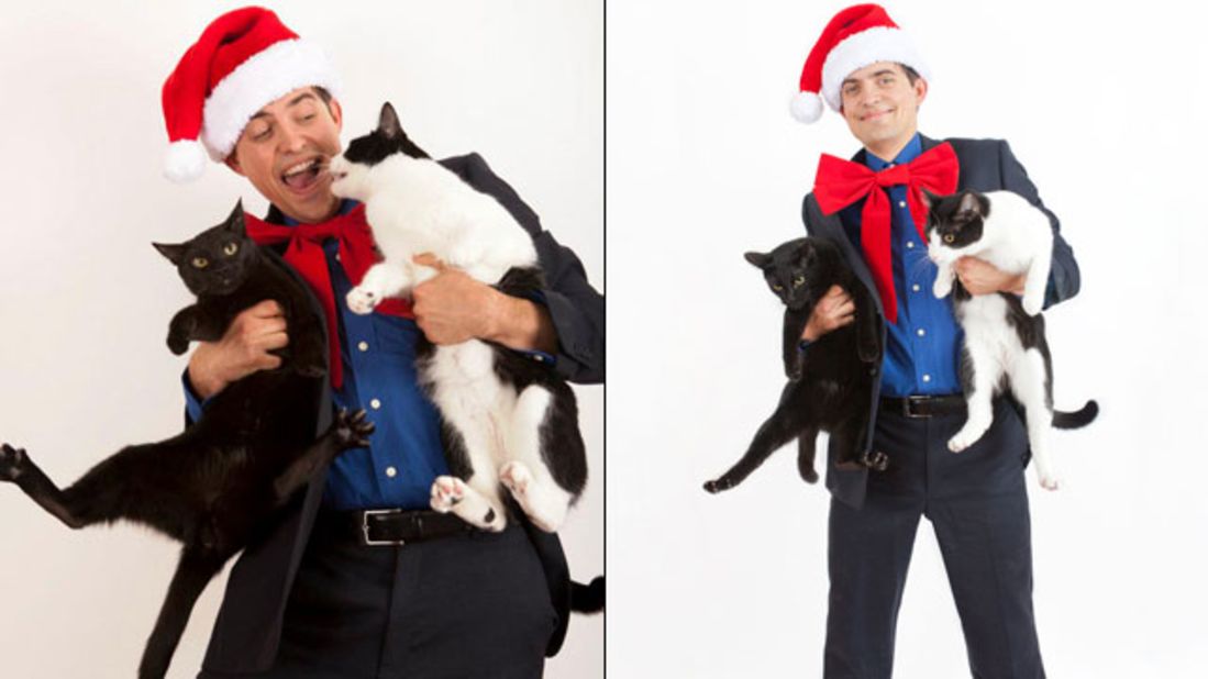 Jacob Stickann goofs off with his cats, left, before posing for his 2012 holiday card, right.