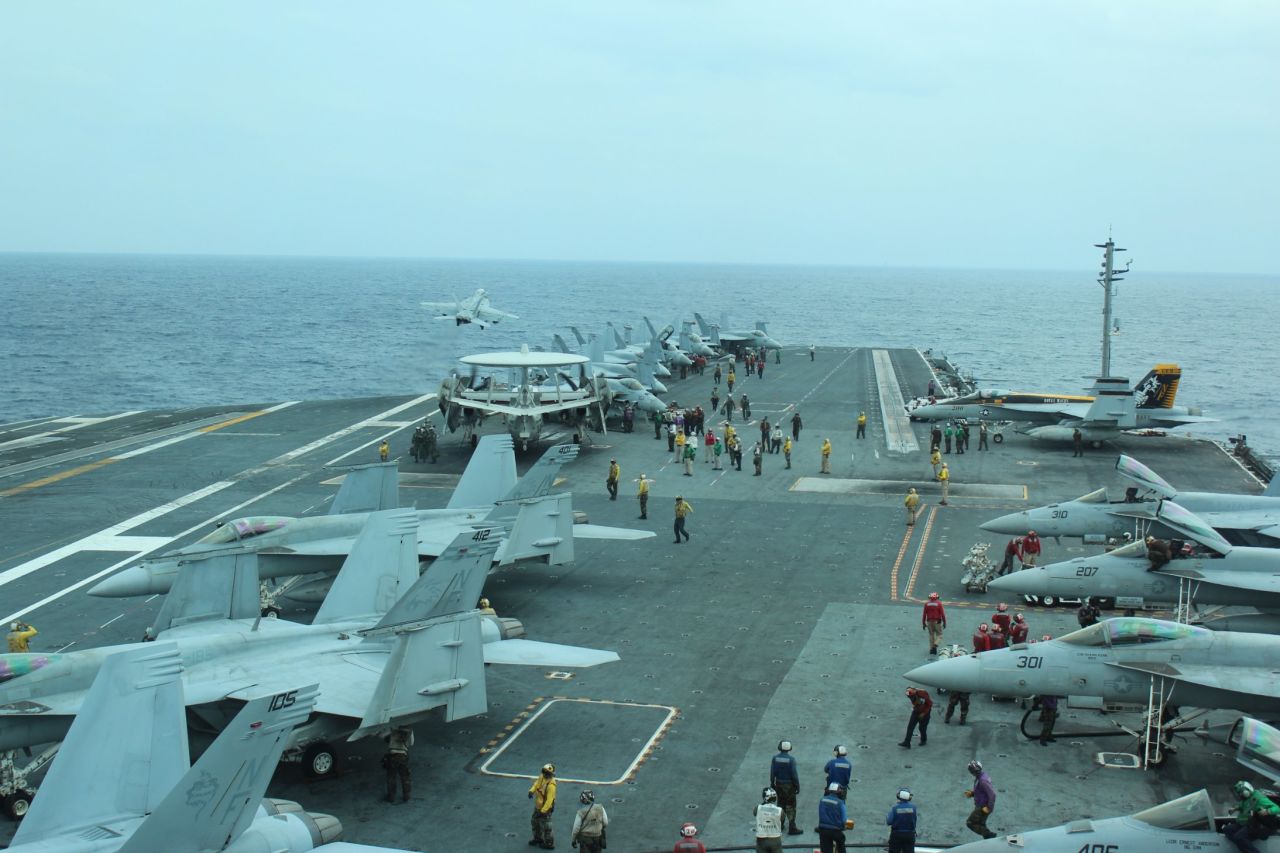 Almost every few minutes an F-18 fighter jet roared off the deck as a massive joint exercise with the Japan Maritime Self-Defense Force got underway.