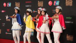 The five-member girl group, Crayon Pop poses in their signature colorful outfits and helmets at Mnet Asian Music Awards in Hong Kong, where they won Best New Female Artist.