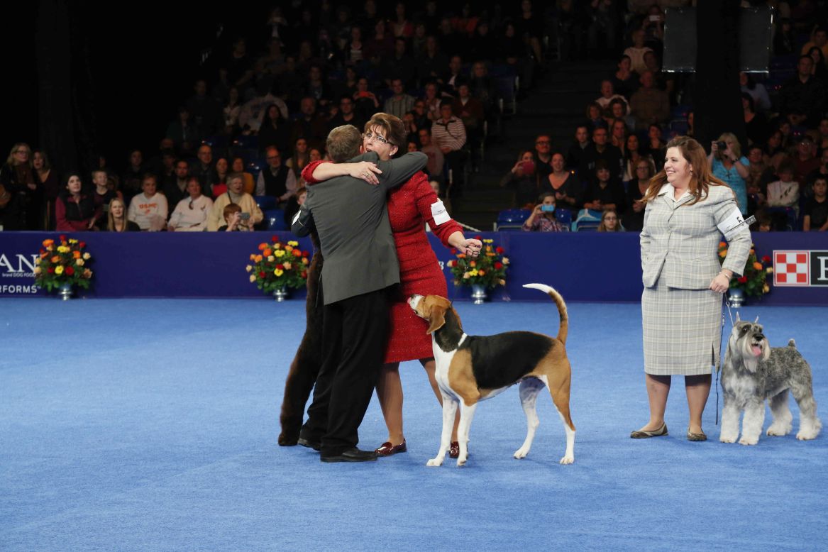 Jewel's handler, Lisa Miller of Mechanicsville, Maryland, reacts to the win.  Schweitzer, the standard schnauzer that won the working group, is seen nearby. 