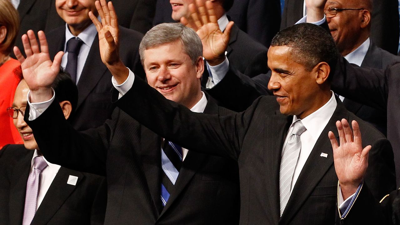 U.S. President Barack Obama and Canadian Prime Minister Stephen Harper  pose with other leaders from around the world at the G20 Summit on June 27, 2010 in Toronto, Canada.