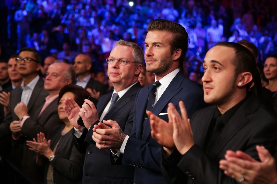 You can't deny he looks good in a suit. David Beckham -- future hotelier -- watches Manny Pacquiao fight Brandon Rios during the "Clash in Cotai" at the Venetian Macao on November 24.