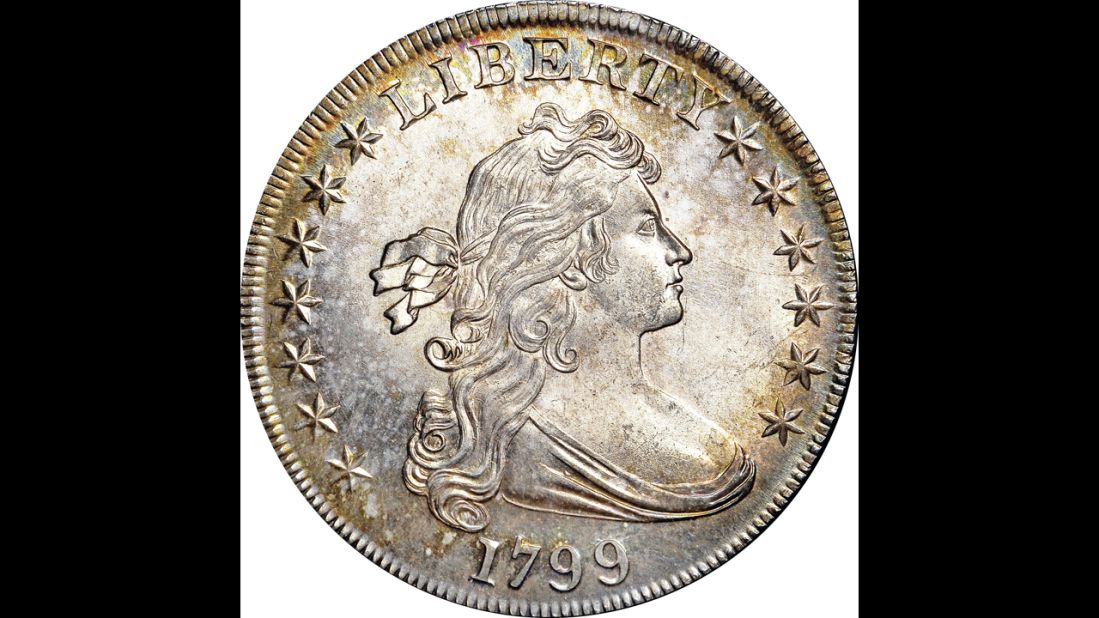 The front of a pristine 1799 "Draped Bust" silver dollar is shown. It sold for $822,500 at a two-day New York auction that ended Saturday, November 16.