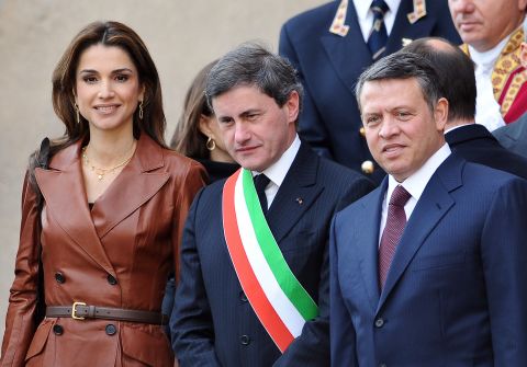 Queen Rania of Jordan is considered one of the most fashionable royals in the world. She often wears one-of-a-kind designs by the world's most exclusive couturiers, and was included in the Vanity Fair list of top 10 best-dressed first ladies. Here she is pictured with the former mayor of Rome Gianni  Alemanno and her husband King Abdullah II.