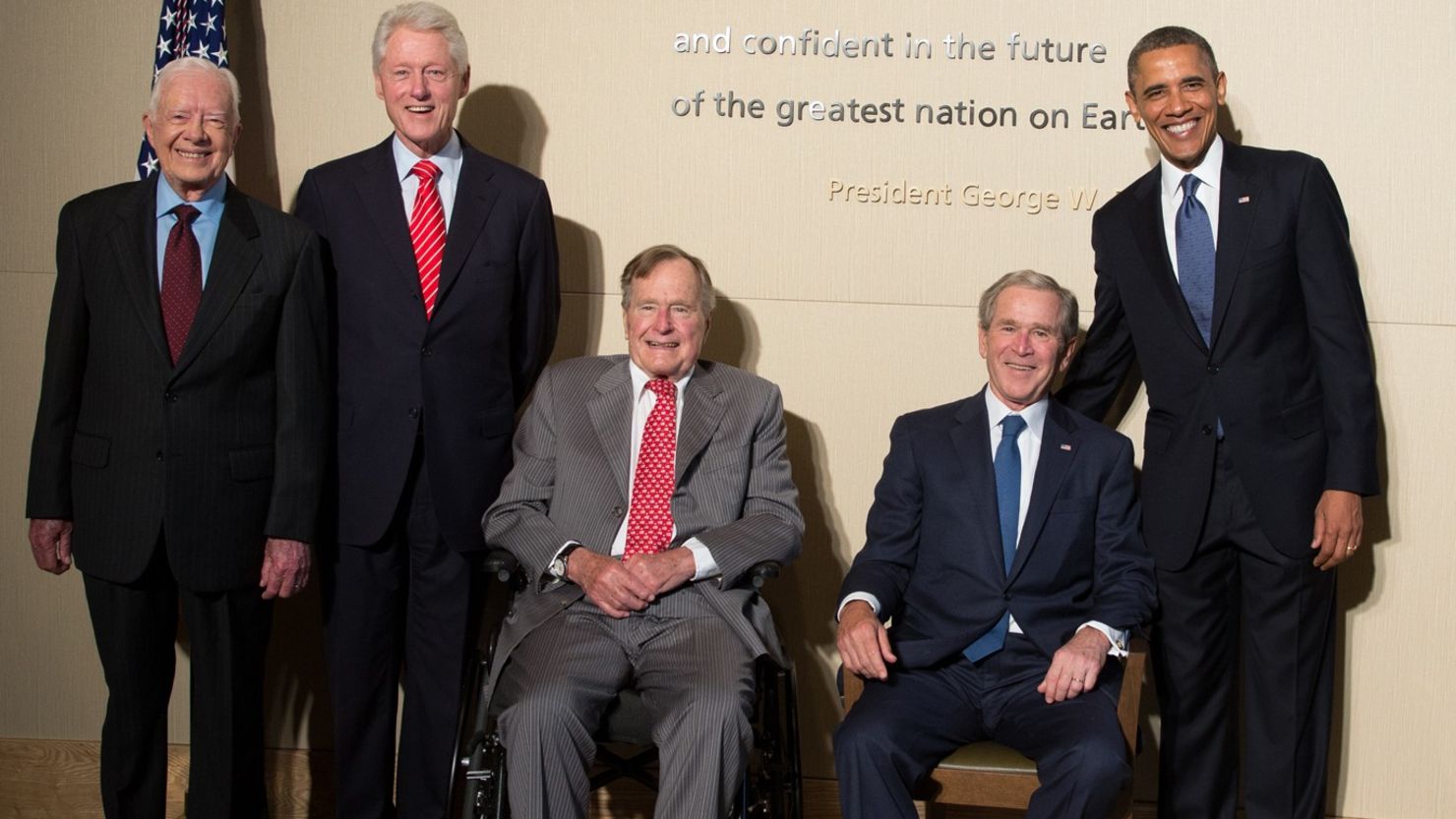 Former presidents Carter, Clinton, Bush 41,  Bush 43, and President Barack Obama pose at opening of George W. Bush Presidential Center. 