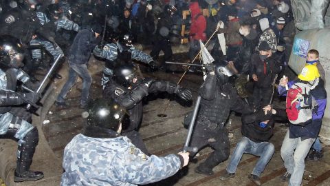 Dozens of protesters were wounded in a clash with police in Kiev on November 30.