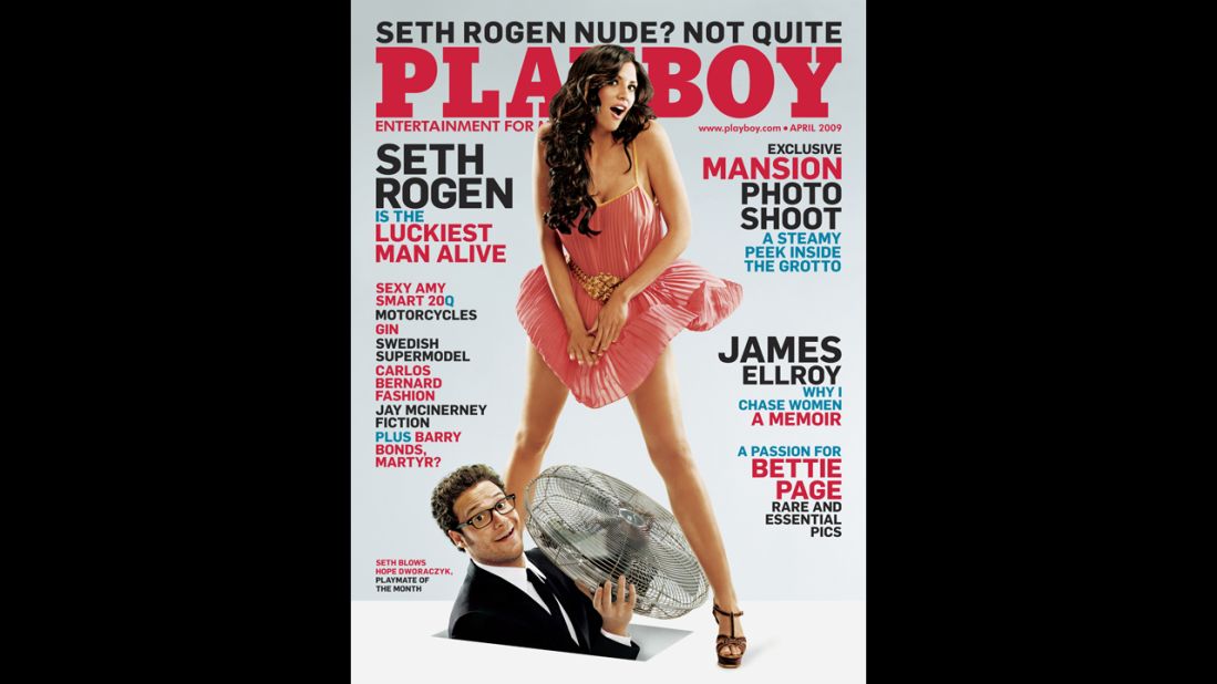 Seth Rogan appears on the cover in April 2009. In Playboy's 60-year history, the magazine has featured a man on the cover 10 times. The first was Peter Sellers in April 1964. Other men on the cover: Burt Reynolds, Steve Martin, Donald Trump, Dan Aykroyd, Jerry Seinfeld, Leslie Nielsen, Gene Simmons and Bruno Mars.