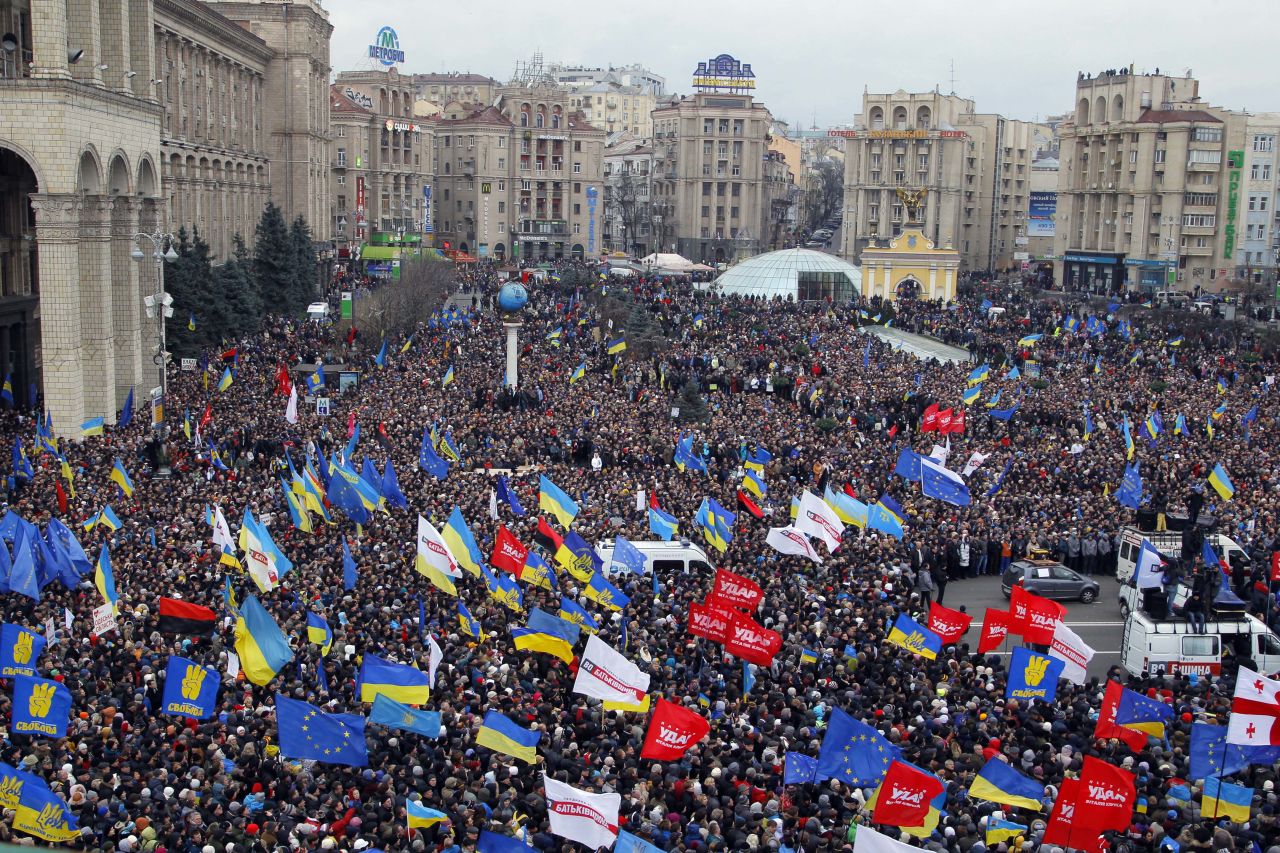 Demonstrators gather in downtown Kiev on December 1.