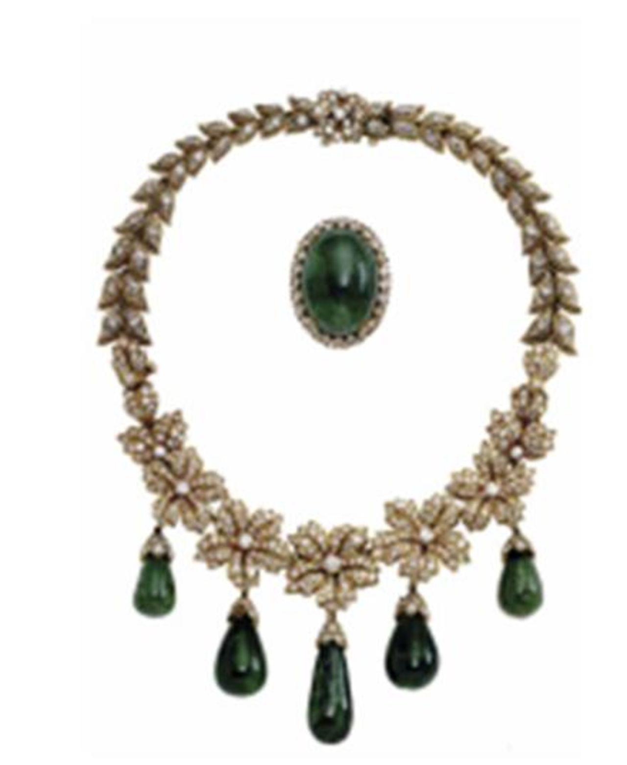 Jacqueline Onassis' Van Cleef & Arpels necklace and brooch. Much of the emerald's allure comes from its color - in normal lighting the human eye responds most strongly to yellowish-green light. 
