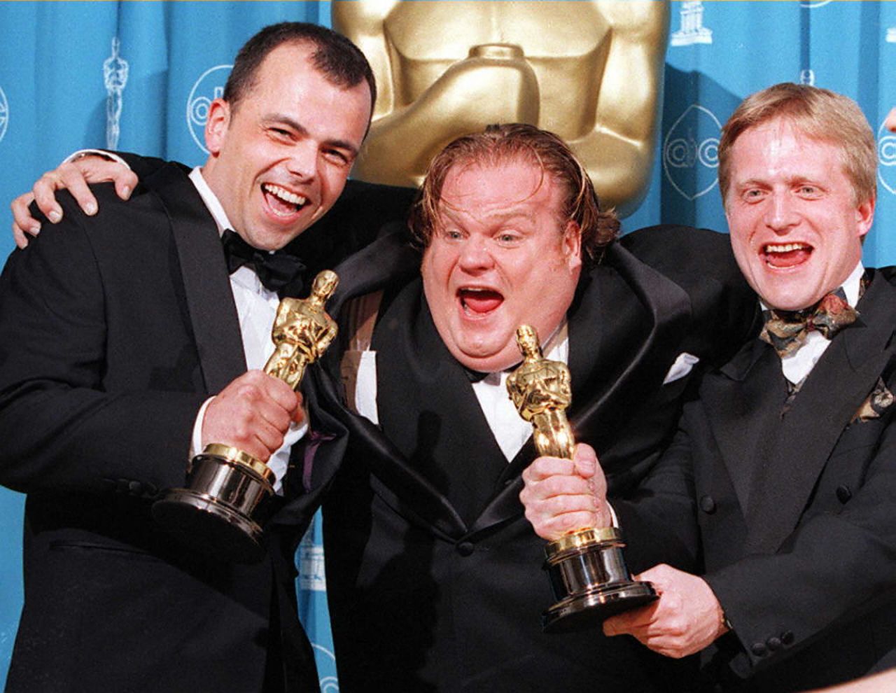 Chris Farley, at center with filmmakers Tyron Montgomery, left, and Thomas Stellmach after they won the Oscar for best animated short film for "Quest" in 1997. Farley was working on the animated film "Shrek" when he died of an overdose in 1997. His "SNL" colleague Mike Myers took over the role. Here's a look at other celebrities who have died during the production of movies and TV shows.