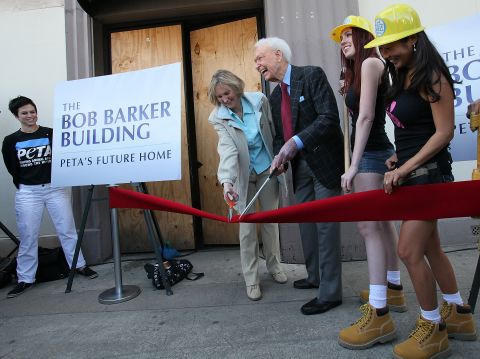 Barker and Ingrid Newkirk, president of People for the Ethical Treatment of Animals, cut the ribbon at the dedication ceremony of PETA's Los Angeles office in 2010. The office was named "The Bob Barker Building." Barker donated $2.5 million to PETA to purchase and renovate it.