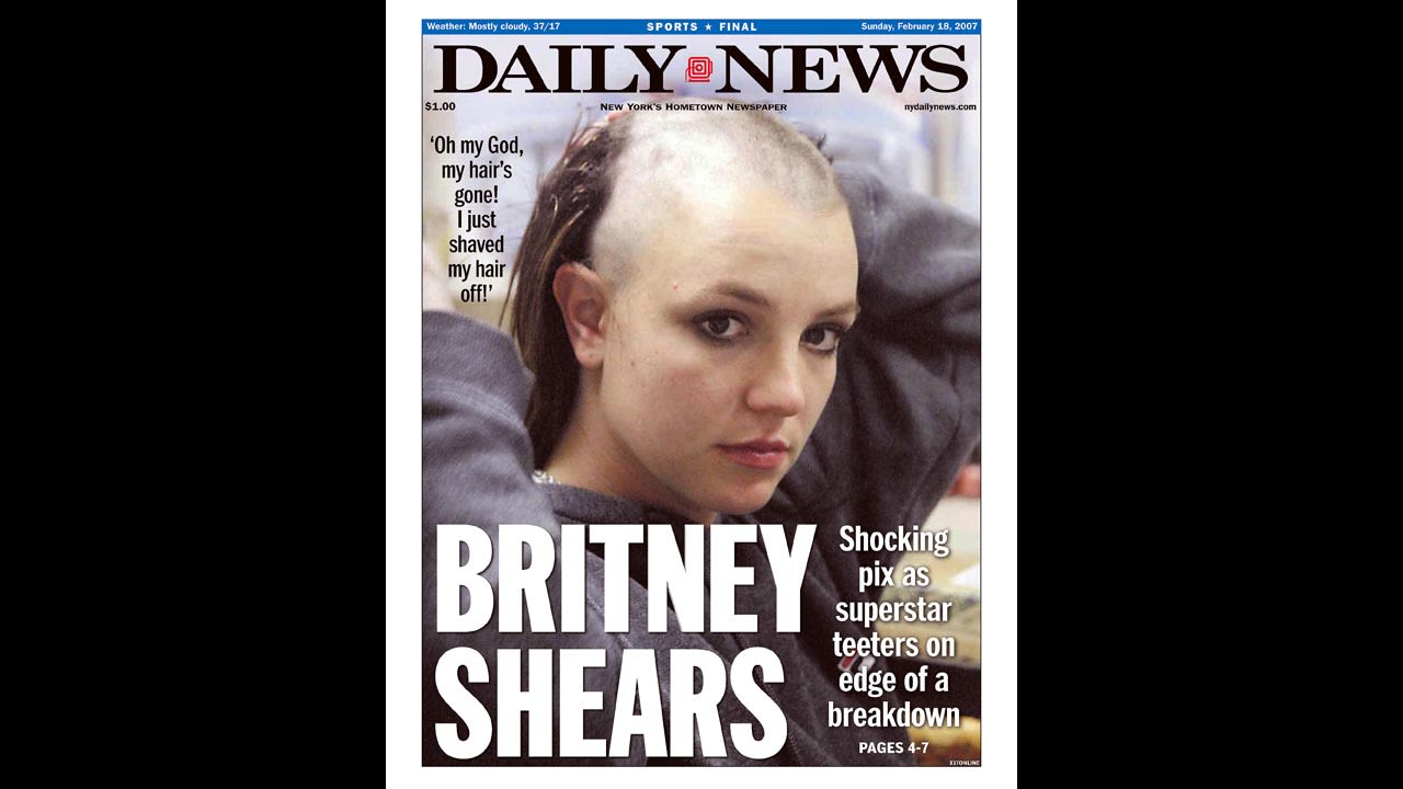 The front page of the New York Daily News shows Spears with a shaved head in 2007. Headlines at the time focused on whether the star was in the midst of a breakdown.