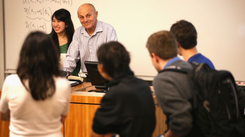 CHICAGO, IL - OCTOBER 14: University of Chicago professor Eugene Fama speaks to students in his classroom at the university on October 14, 2013 in Chicago, Illinois. Earlier in the morning Fama learned he had won the Nobel Prize in Economic Sciences. Fama, and his U of C colleague Lars Peter Hansen and Yale University professor Robert Shiller will share the prize. (Photo by Scott Olson/Getty Images) 
