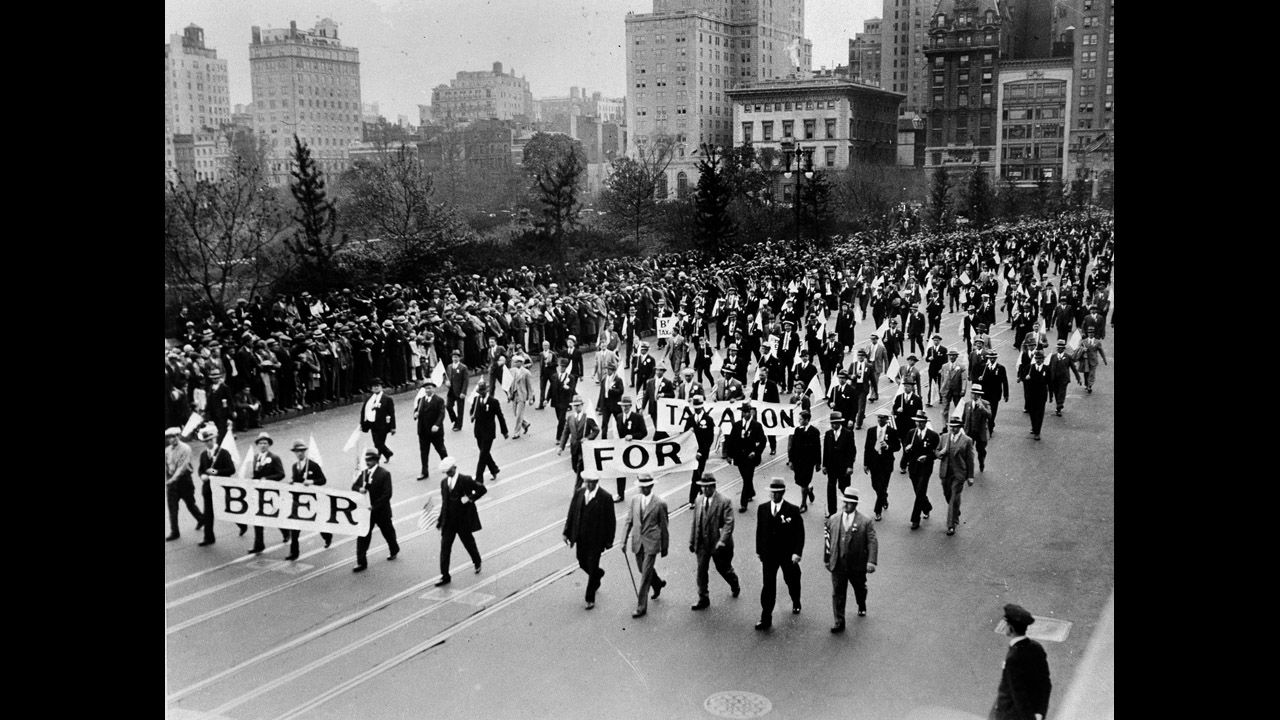 A "beer for taxation" rally makes its way down 50th Street in New York, May 14, 1932.  The demonstration was led by Mayor James J. Walker.  