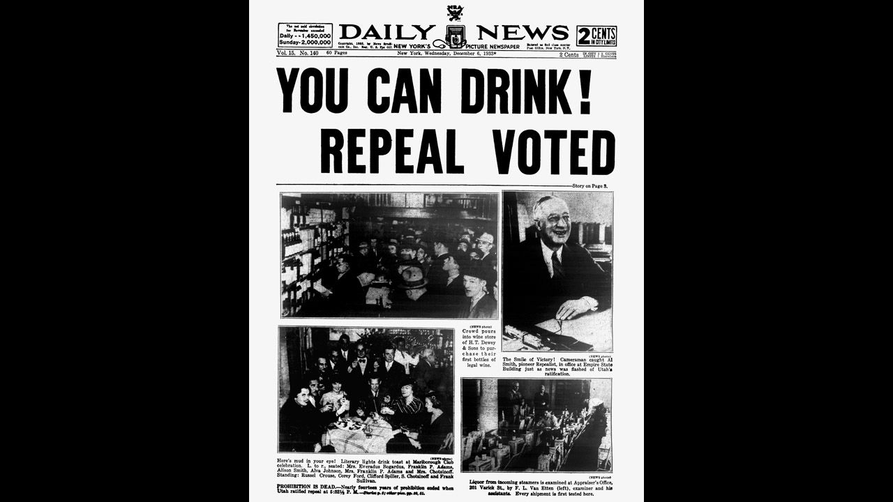 The Daily News screams news of the repeal of Prohibition on December 6, 1933. Eighty years ago -- on December 5, 1933 -- the 21st Amendment to the U.S. Constitution was ratified, repealing Prohibition in the U.S. after more than 13 years. Click through to see how America handled no alcohol throughout this period. 
