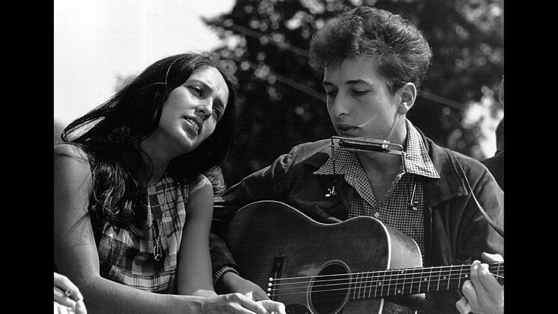 Joan Baez and Dylan perform during the March on Washington, a pivotal moment in the civil rights movement, on August 28, 1963.