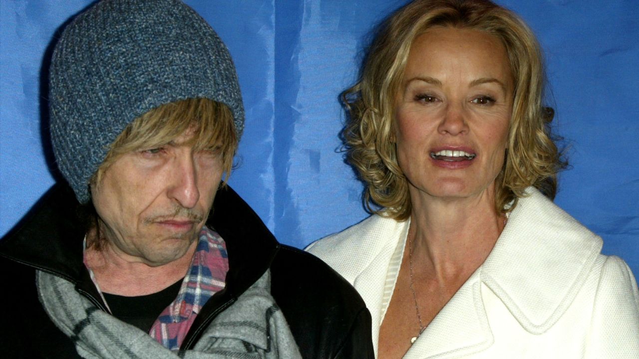 Dylan appears with actress Jessica Lange during a news conference for the movie "Masked and Anonymous" in 2003. Dylan co-wrote the movie and starred in it.