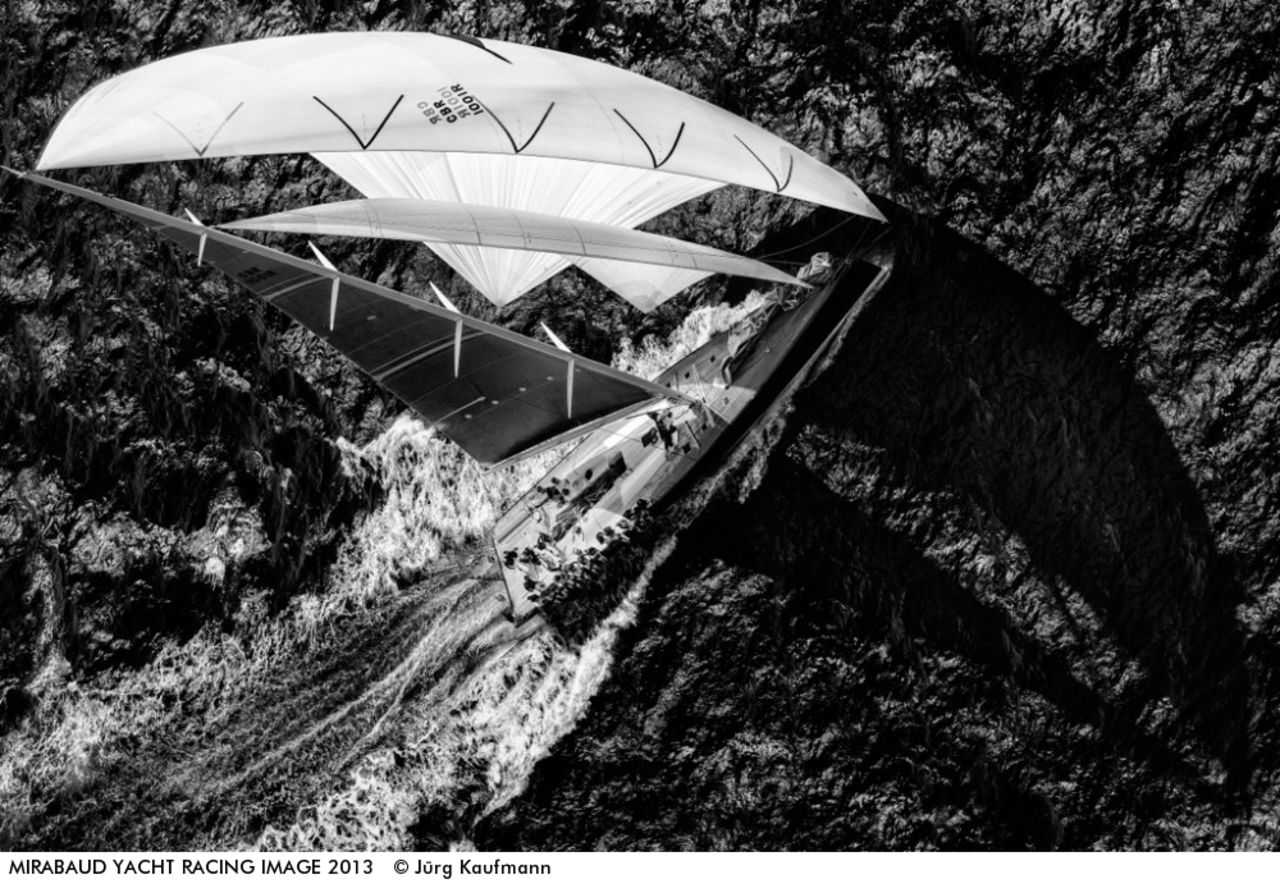 This overhead shot off the coast of Saint Tropez captures a crew in action away from the sun-kissed French Riviera beaches, highlighting the elegant nature of the vast yachts in action.